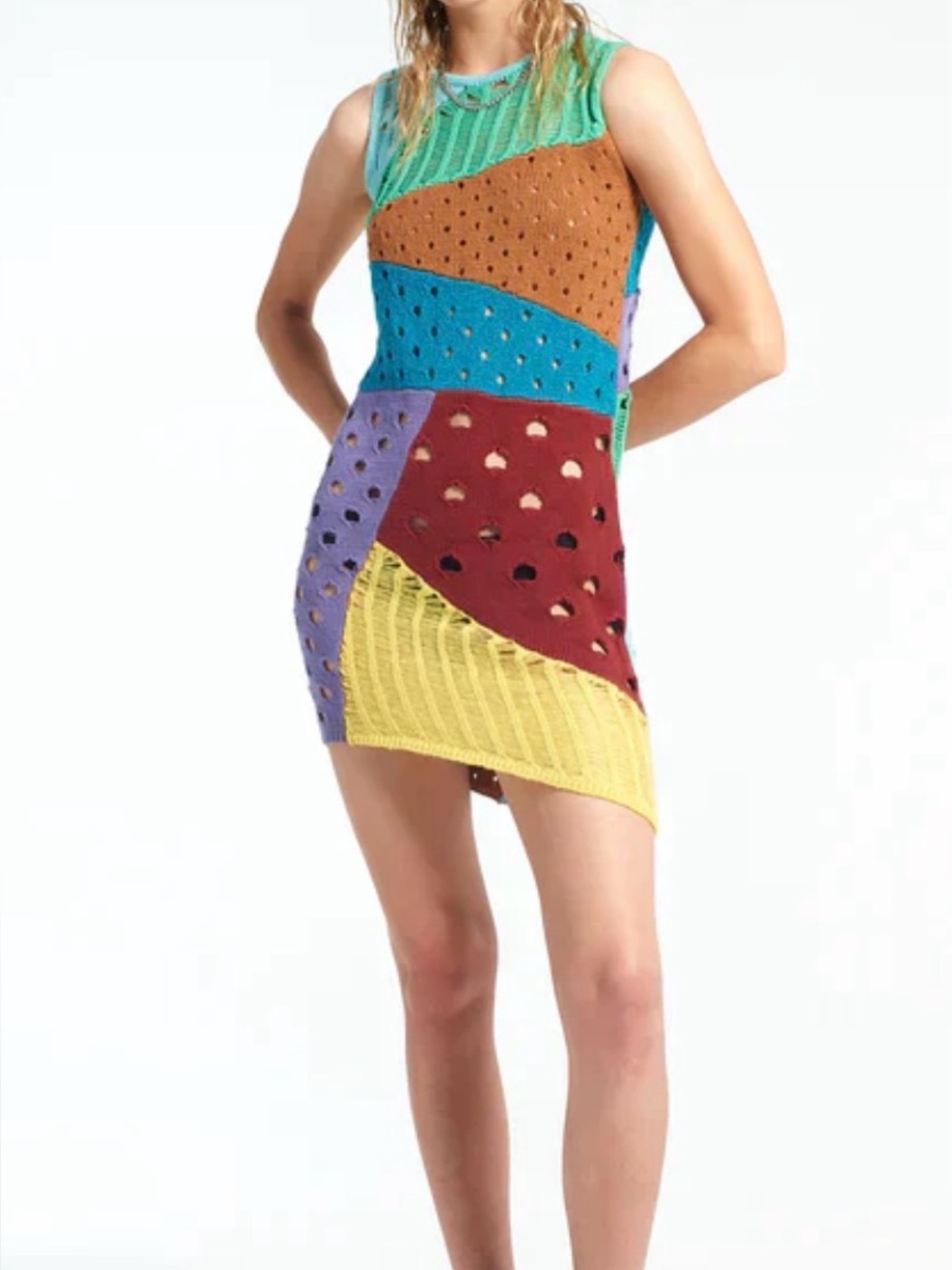 The Ragged Priest Knitted Patchwork Mini Dress with Distressing